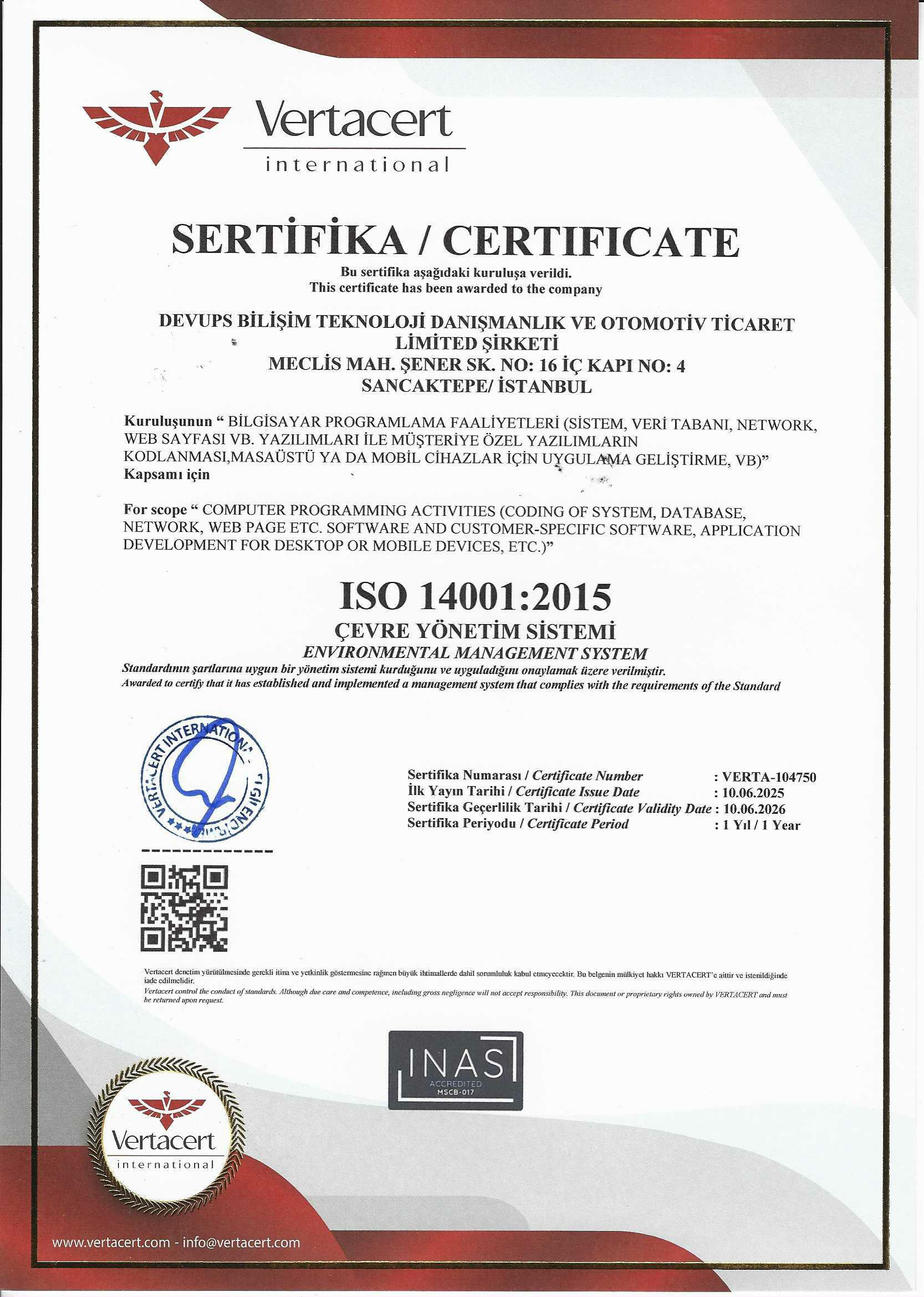 ISO 14001:2015 - Çevre Yönetim Sistemi Sertifikası