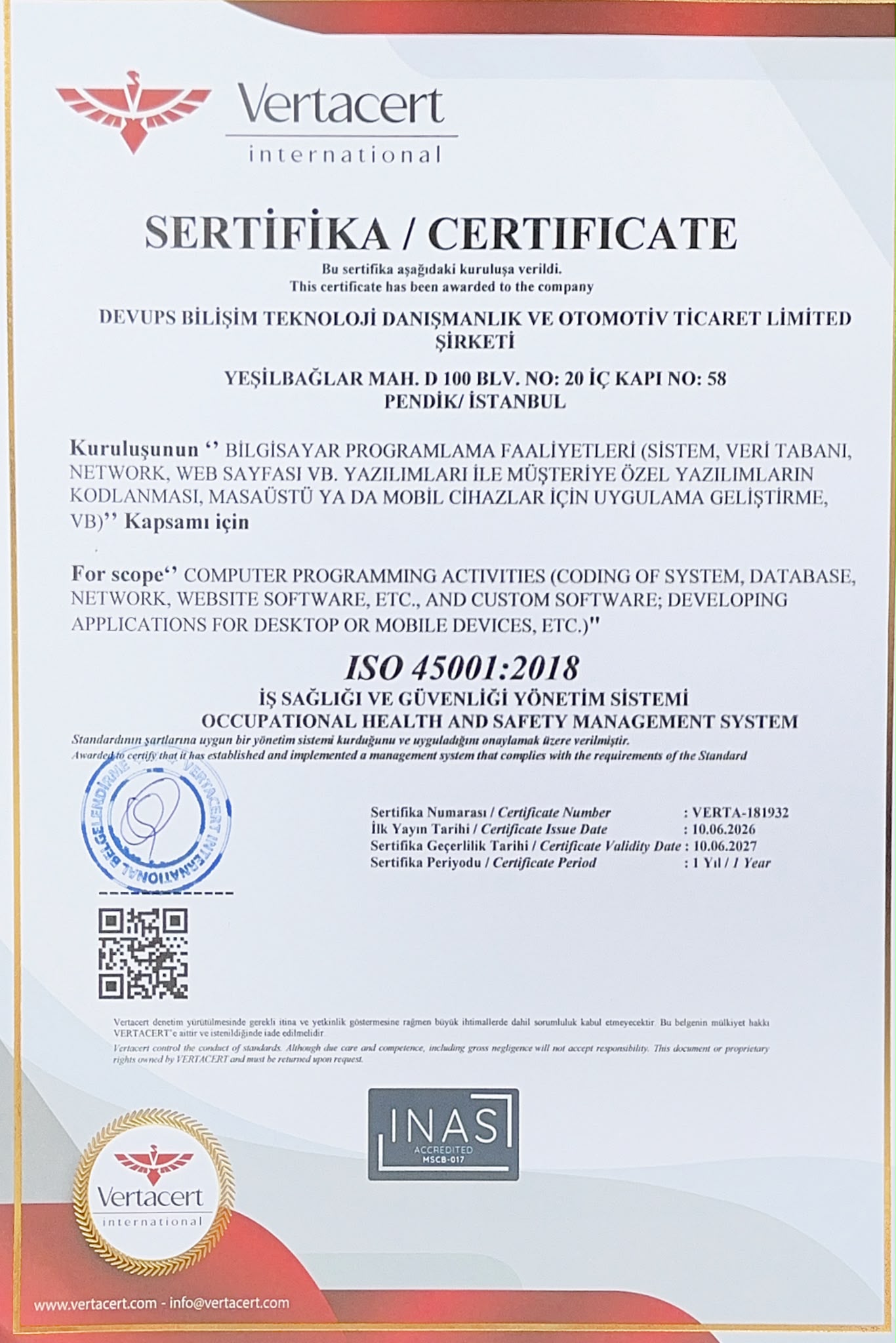 ISO 45001:2018 - İş Sağlığı ve Güvenliği Yönetim Sistemi Sertifikası